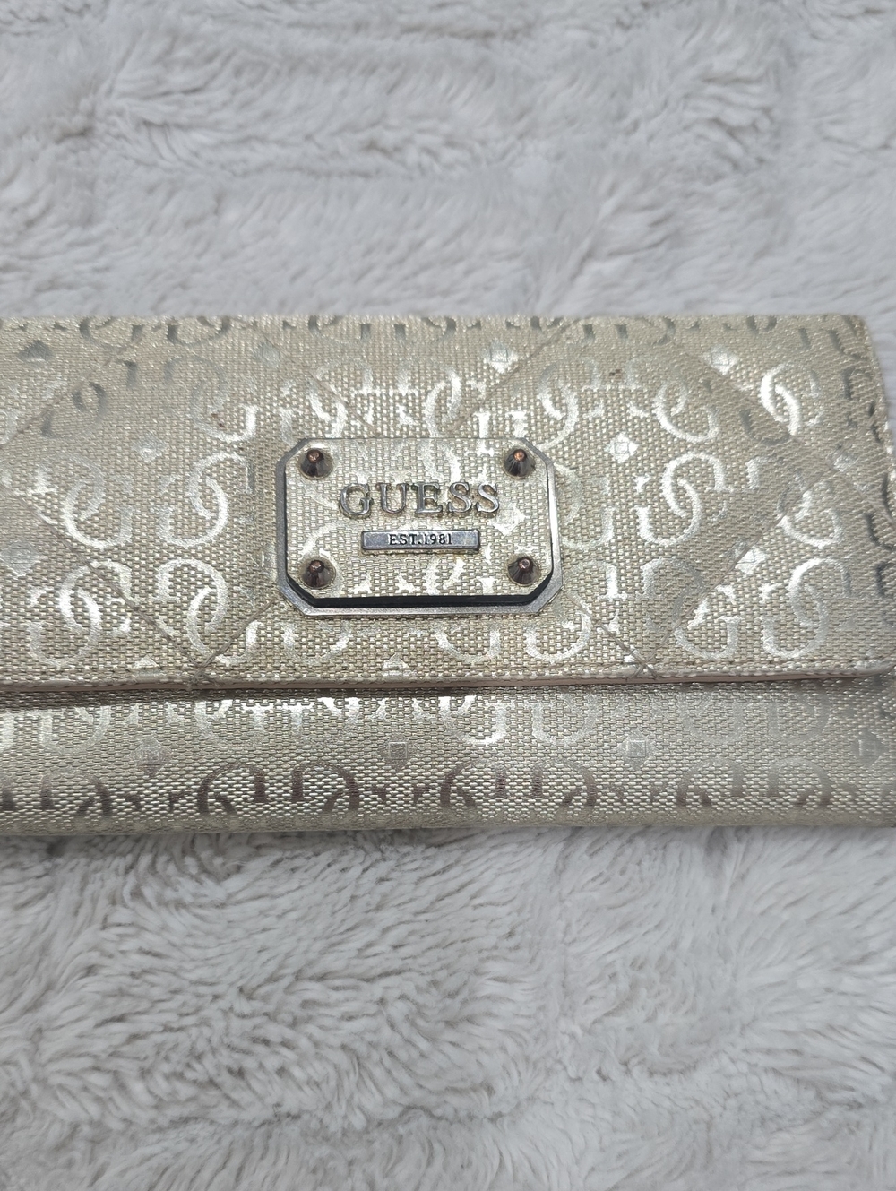 Guess Vintage Metallic Gold Jacquard Logo Trifold Wallet w/ ID Window